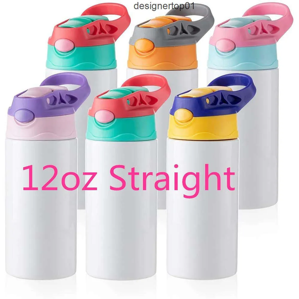 Stanleliness Stock Sublimation Mugs Blanks Kids Tumbler Baby Bottle Sippy Cups 12 OZ White Water Bottle with Straw and Portable Lid 5 Color Lids Print J2JU