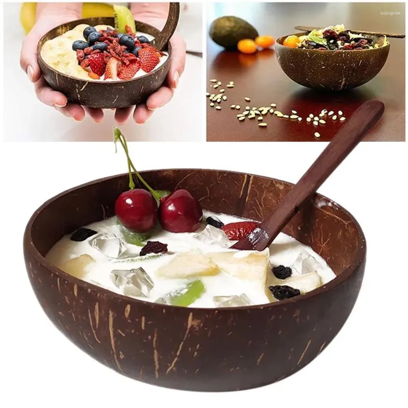 Skålar kreativ träfrukt sallad coco smoothie ramen skål naturlig kokosnöt och sked blandar hälsosamt diet bordsartiklar