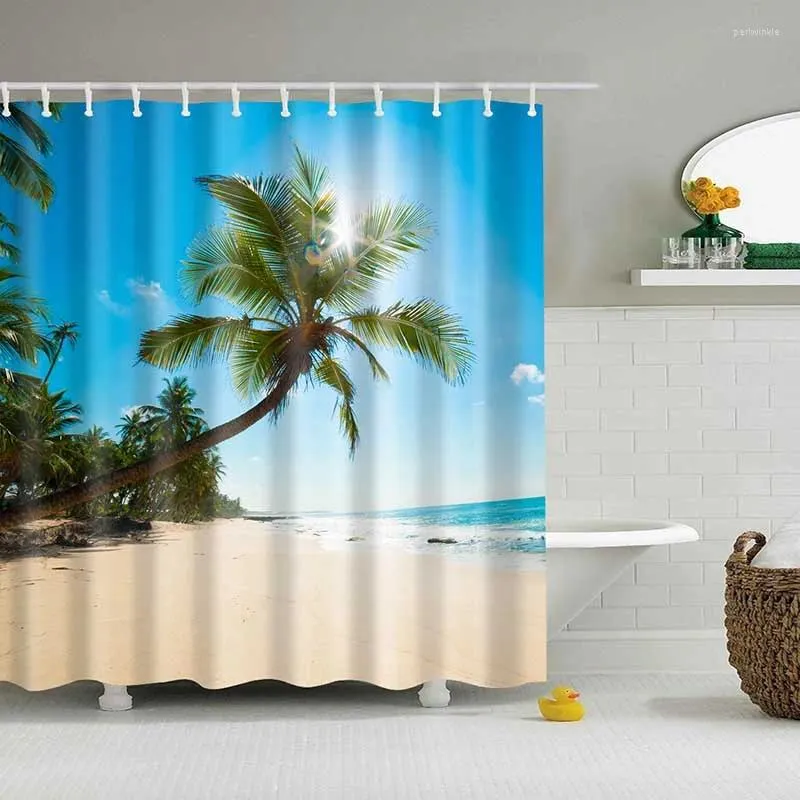 Duschgardiner Gröna tropiska växter för badrum Polyester Seaworld Curtain Printing Beach