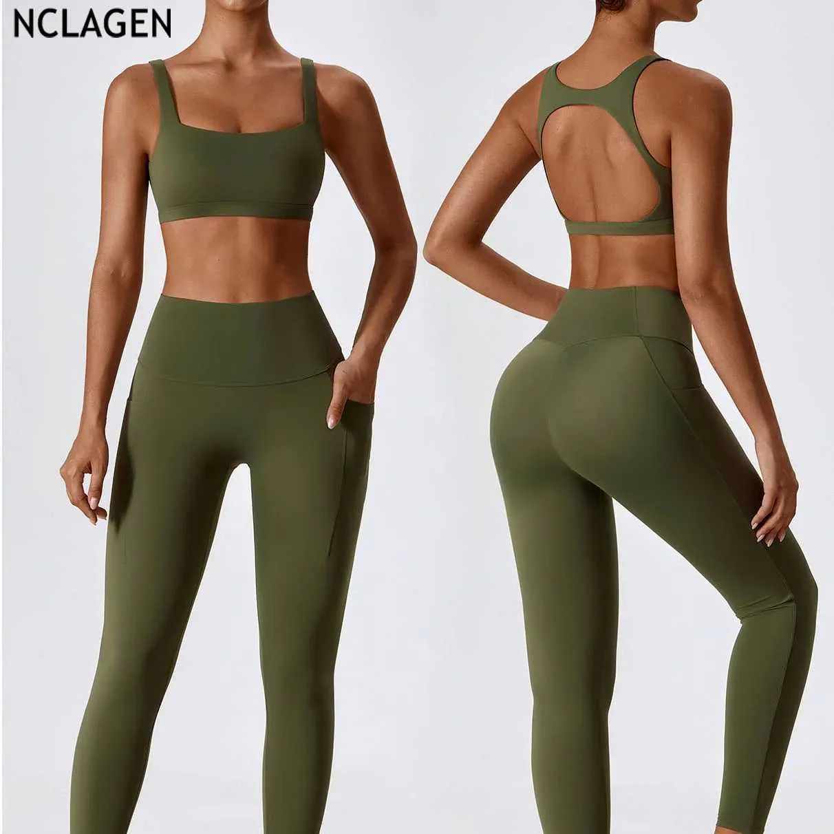 Women's Tracksuits NCLAGEN Quick Dry Yoga Suit Fitness Pocket Tight Set Push-up Bra And Leggings Breathable Training Trousers Gymwear For Women J240103