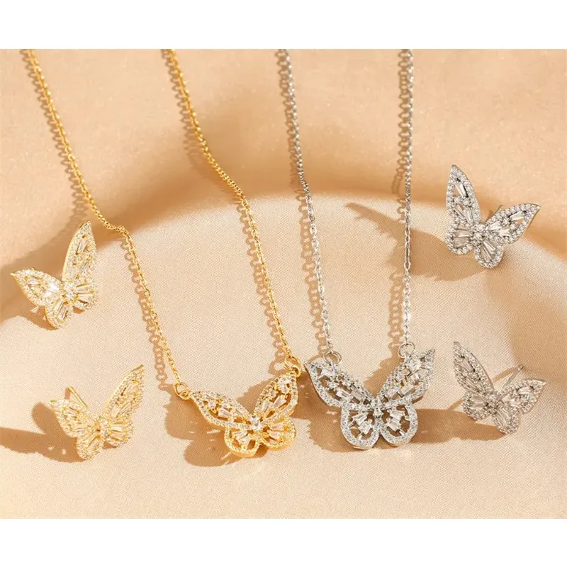 Luxe volledige diamant zirkoon holle vlinder ketting met vlinder oorbellen sieraden set driedimensionale vlinder kraag ketting oorbellen