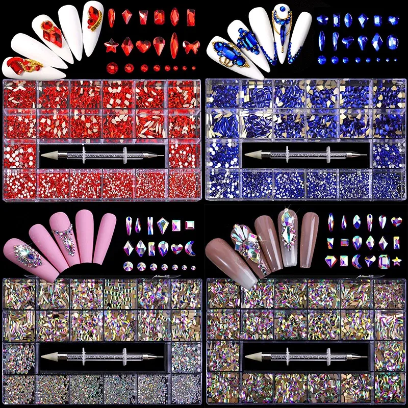 Décorations Kit de strass de clou Kit mixte AB Glass Crystal Crystal Diamond Nail Art Décorations 21 Boîte de grille ACCESSOIRES ACCESSOIRES DE COLONNE