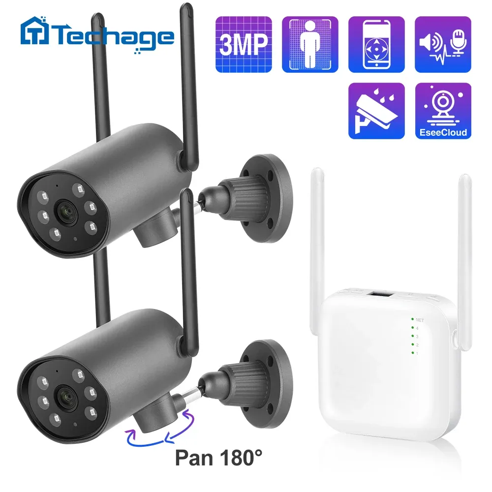 System Techage Mini 3MP 4CH Wireless Security NVR Kit Tvåvägs Audio Outdoor Video Surveillance Pt IP Camera Mänsklig upptäckt Baby Monitor