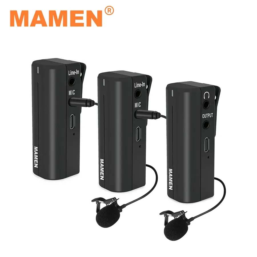 Microfones Mamen 2,4 GHz Wireless Lavalier Gravadora Microfone embutida Bateria com receptor de transmissor para entrevista de câmera em vlog