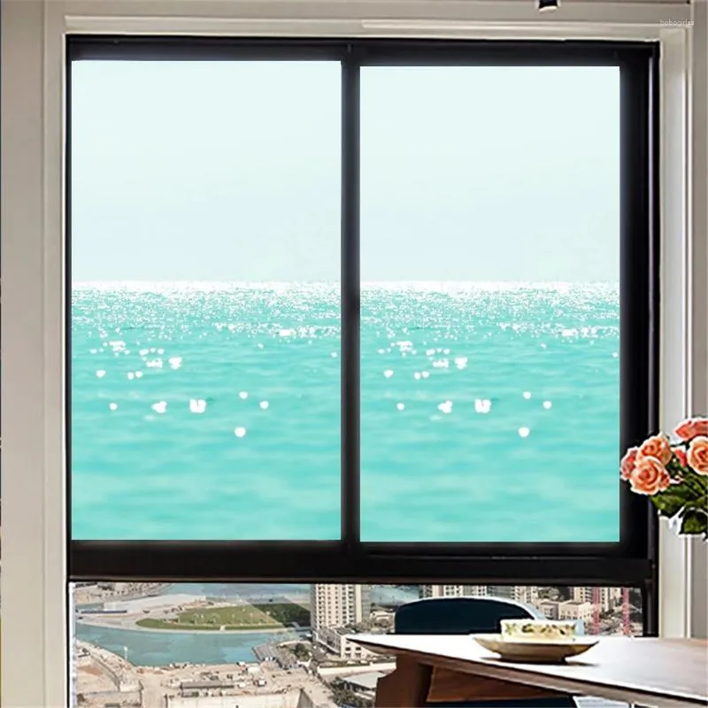 Window Stickers Privacy Windows Film Dekorativ Blue Ocean Stained Glass Inget lim Static Cling Frosted 06