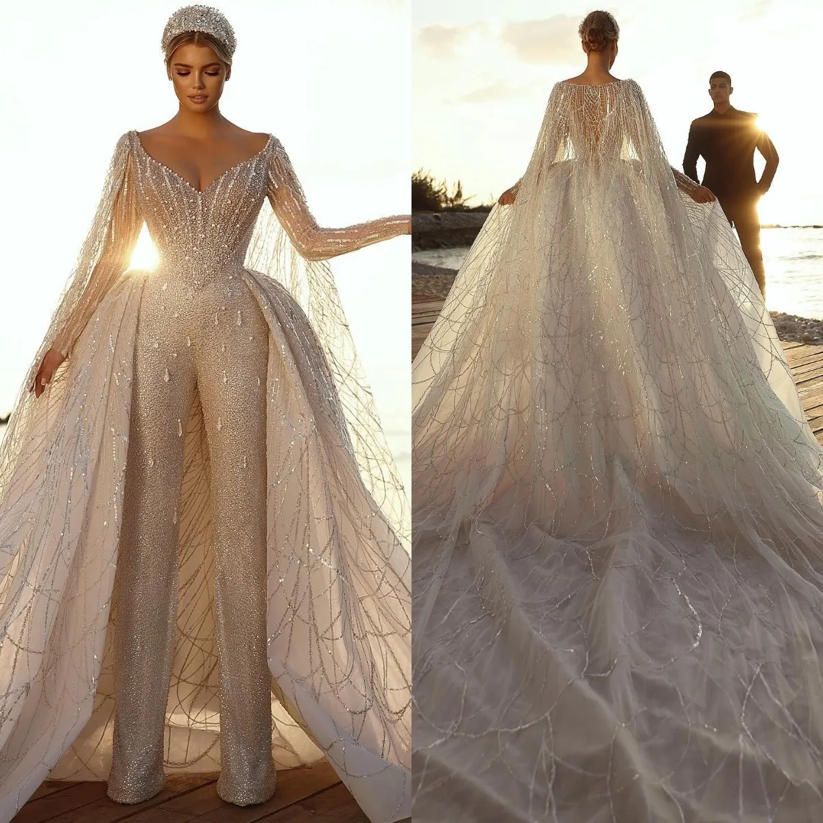 Robe de mariée en cristal de luxe pour la mariée V Neck manches longues Jumps Country Robes de mariée Bridal Gwons Wrap Sweep Train Plus Taille Designer Robe Mariage