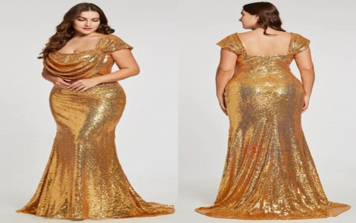 Sparkling Gold Sequined Mermaid Evening Dresses Plus Size Capped Off Shoulder Prom Formal Gowns Zipper Back Cheap Dress8096307
