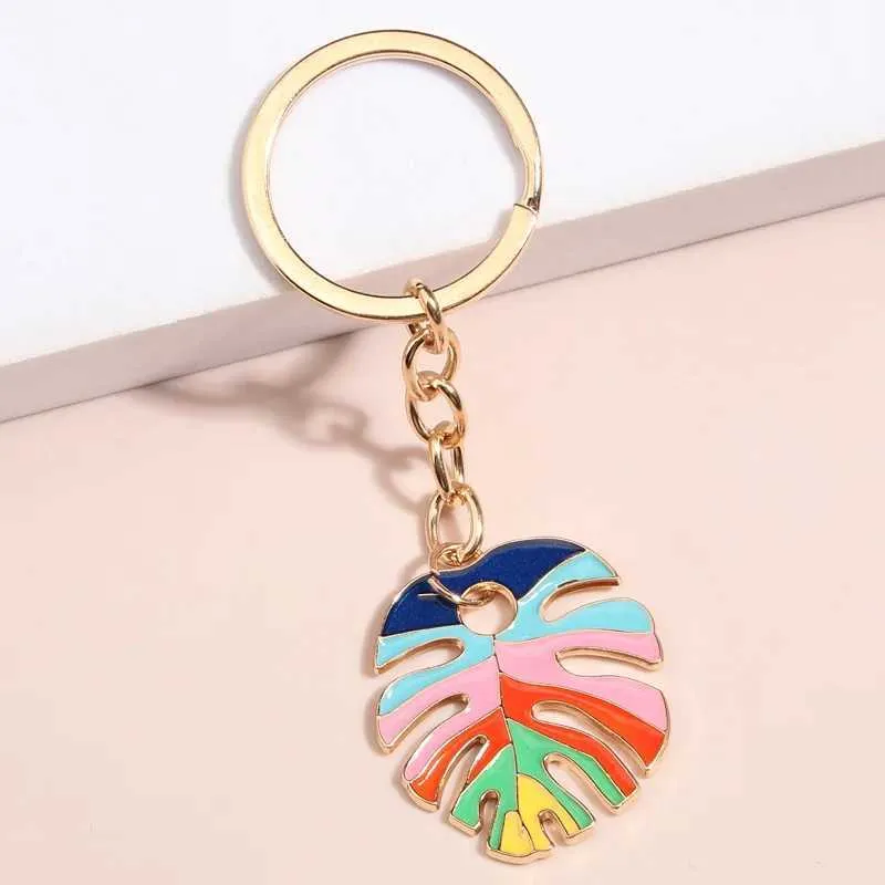 Keychains Lanyards Lovely Keychain Enamel Colorful Leaf Key Rings Coconut Palm Friendship Gifts For Women Men Handbag Accessorie DIY Jewelry Q240403