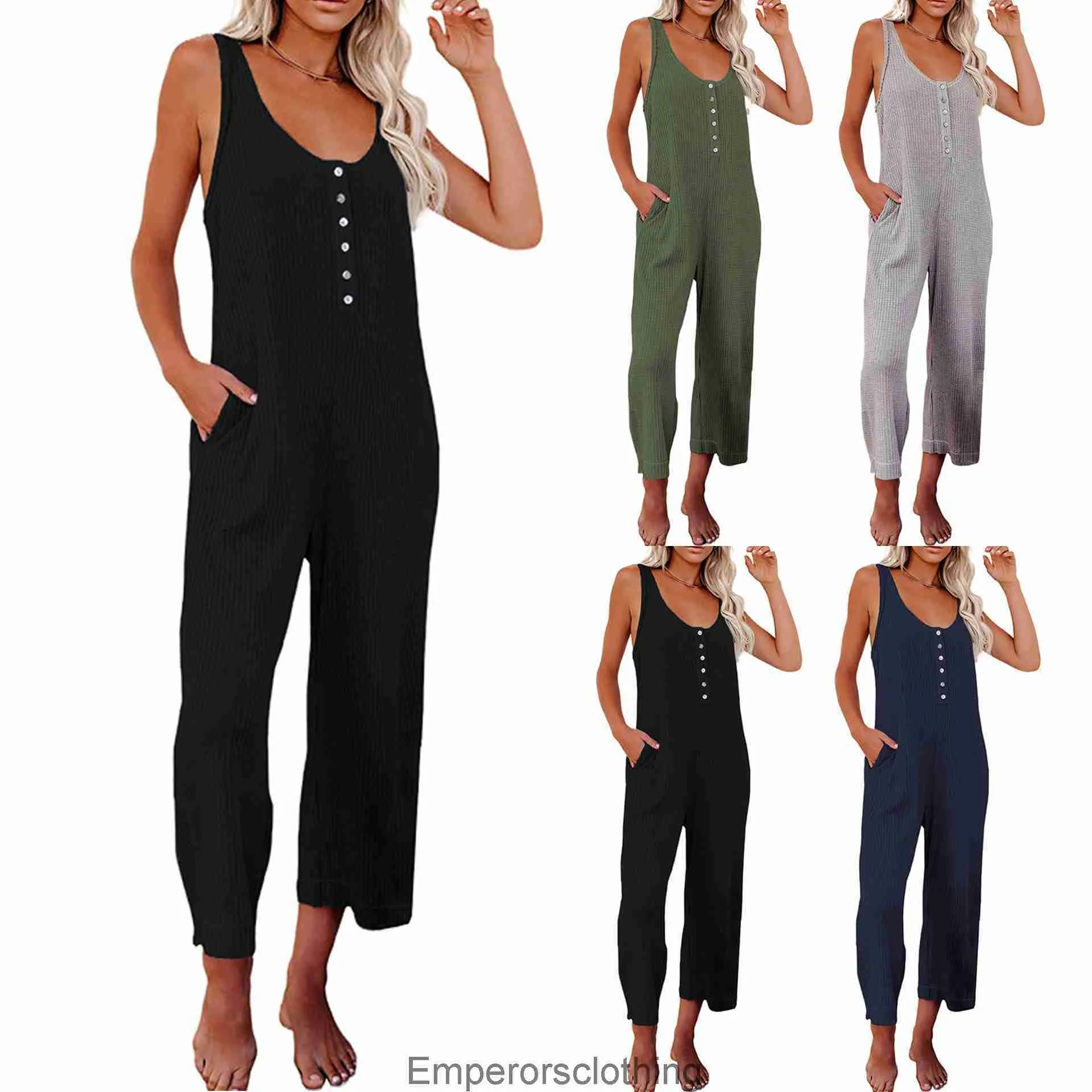 Summer Solid Waffle Tank Top Womens Volleyball Buckle Pocket Casual Jumpsuit