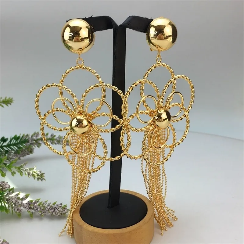 Mode African Big Flower Drop Earrings Overized Goldplated Pendant Dingle For Women Party Jewelry FHK16852 240320