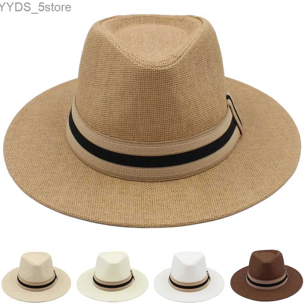 Wide Brim Hats Bucket Mens Panama Hat Summer Bow Band Fedora Sunhats Trilby Outdoor Beach Travel Size US 7 1/4 UK L YQ240407