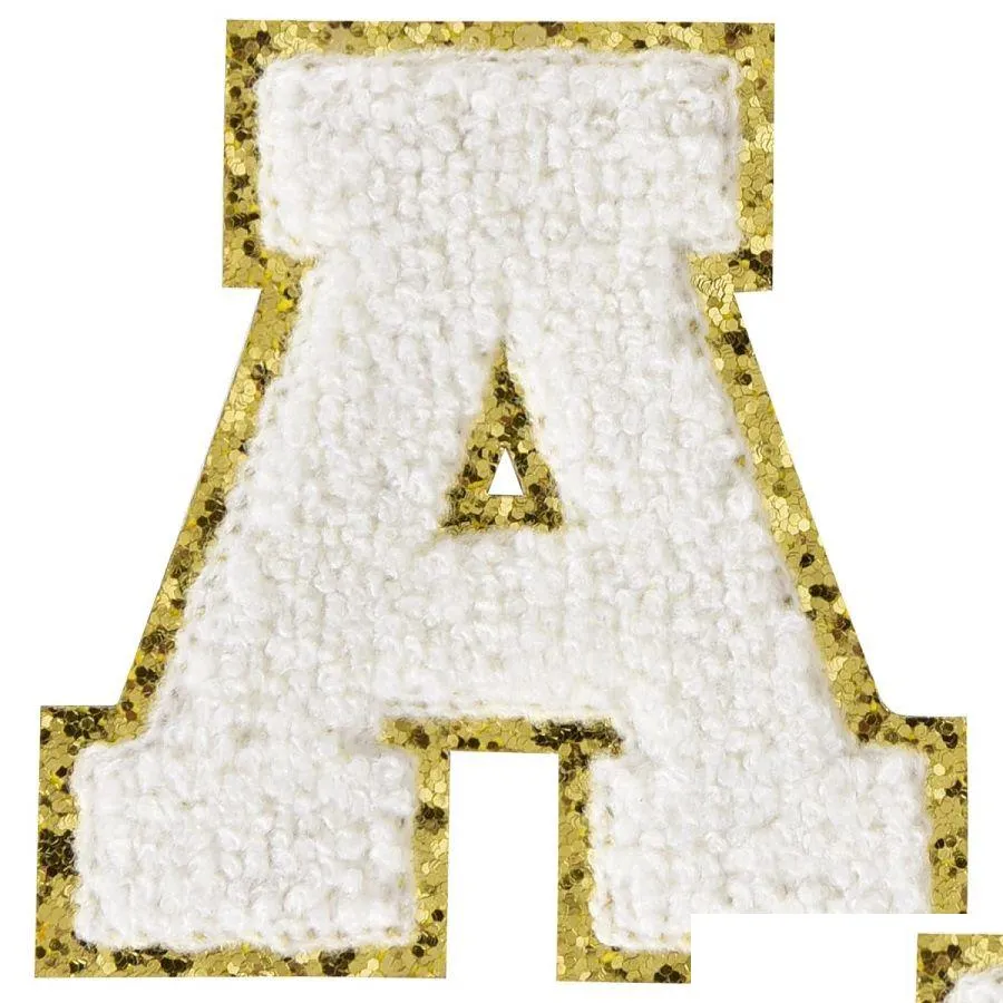 Syförfattningsverktyg Chenille Letter ES med guldglitter syr på varsity Initial White Iron Alphabet -applikationer för teamdräkt de dhkxv