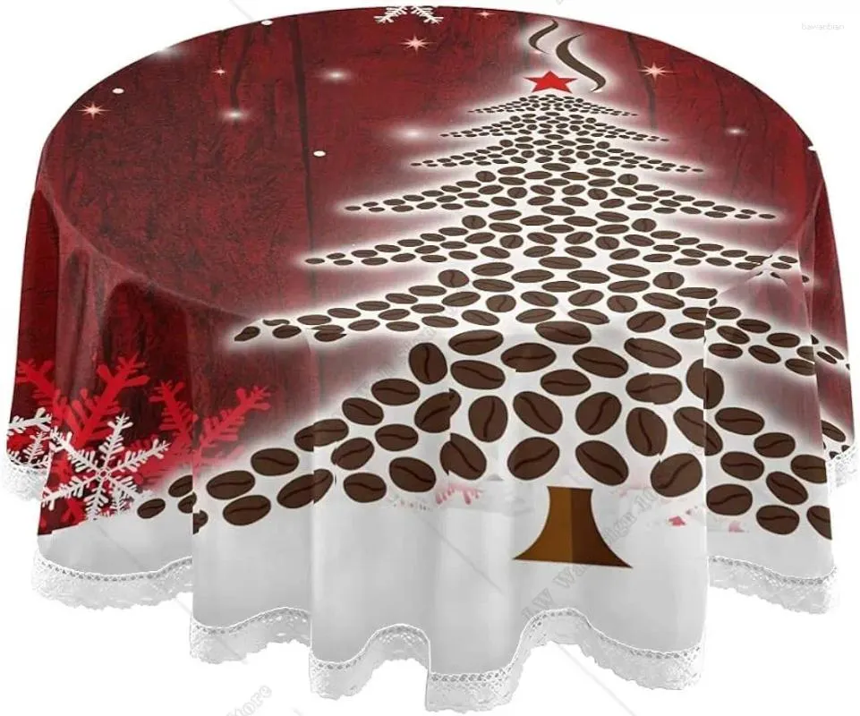 Table Cloth Christmas Tree Snowflakes Round Tablecloth With Lace Xmas Winter Decorative For Party Dining Banquet 60 In