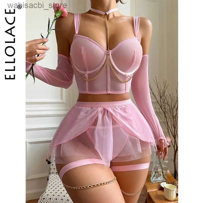 Sexig uppsättning ellolace ljusrosa spets underkläder gril sexig ruffle underkläder halter intima kläder med långärmad bilizna ny i erotisk uppsättning L2447