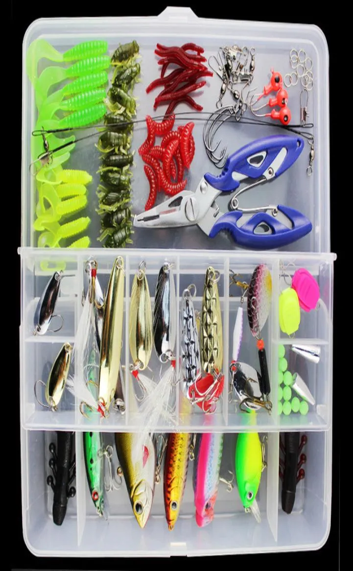 Allsmäktige Fishing Lure Kit Komplett uppsättning med hårda lockar Mjuka bete Tillbehör Fall Minnow Crank Pencil Popper -tång 101 Pieces1556747