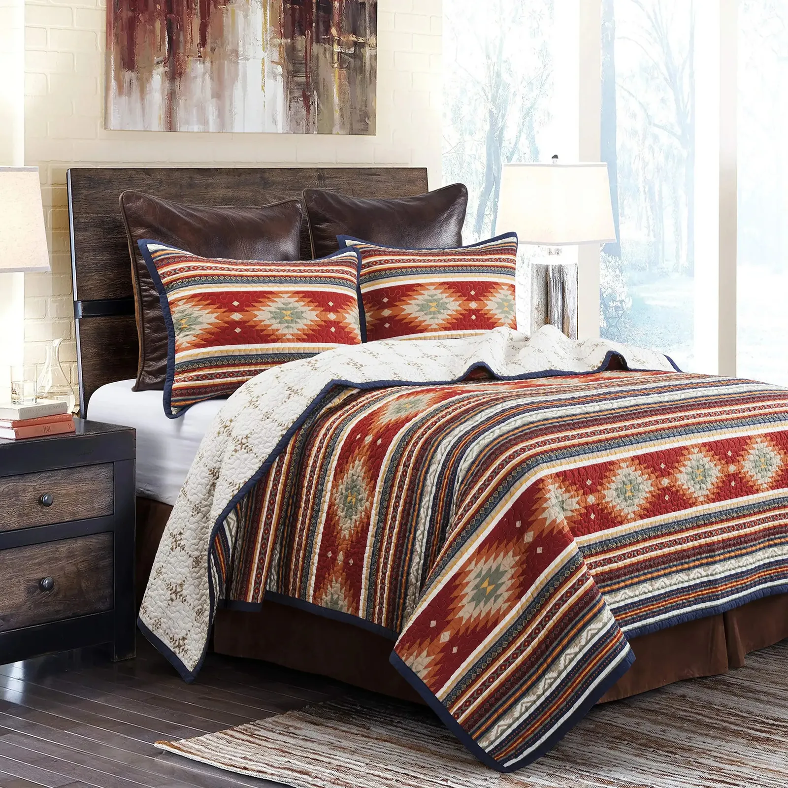 Paseo Road par Hiend Accents |Ensemble de courtepointe Del Sol Western Litting 3 pièces avec oreiller Shams Super King Size Aztec Libering Set T 240401