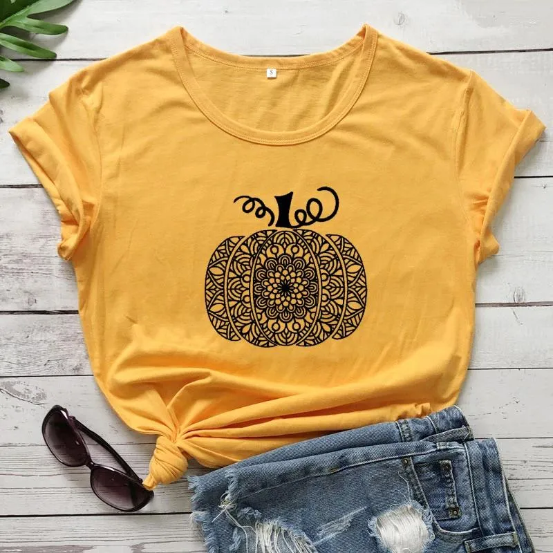 Women's T Shirts Mandala Pumpkin T-shirt Aesthetic Autumn Short Sleeve Thanksgiving Tshirt Fashion Women Graphic Halloween Yellow Top Tee