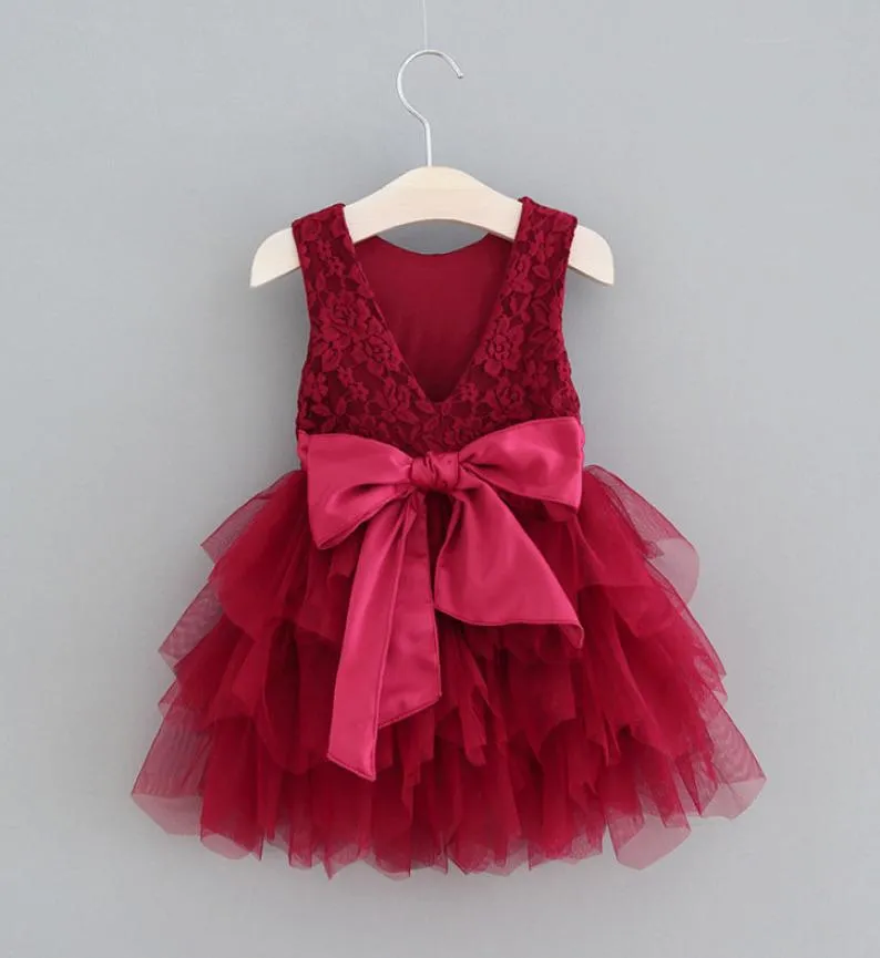 Children lace tulle tutu dresses girls gauze embroidery vest princess dress chirstmas kids backless Bows belt party clothing F92559406240