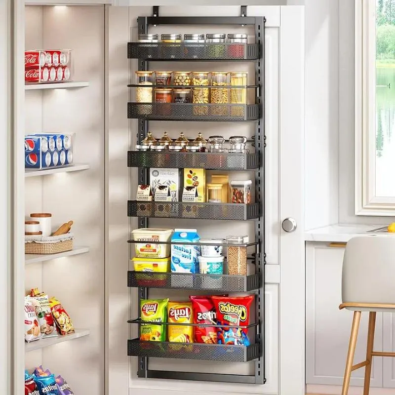 Kitchen Storage Over The Door Pantry Organizer 6 Tier Metal Hanging Spice Rack With Detachable Guardrail Space Saving Baskets