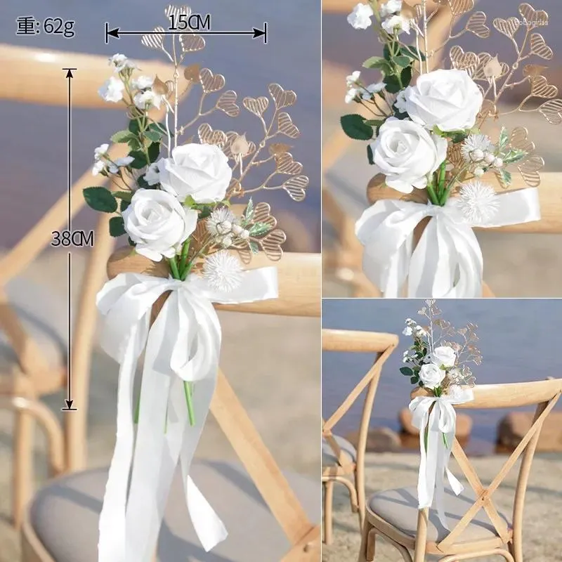 Fleurs décoratives 2 PCS / Set Western Style Outdoor Mariage Chaise Back Fleur Banquet Décoration Simulation de feuilles de coeur Rose Bouquet Z-780