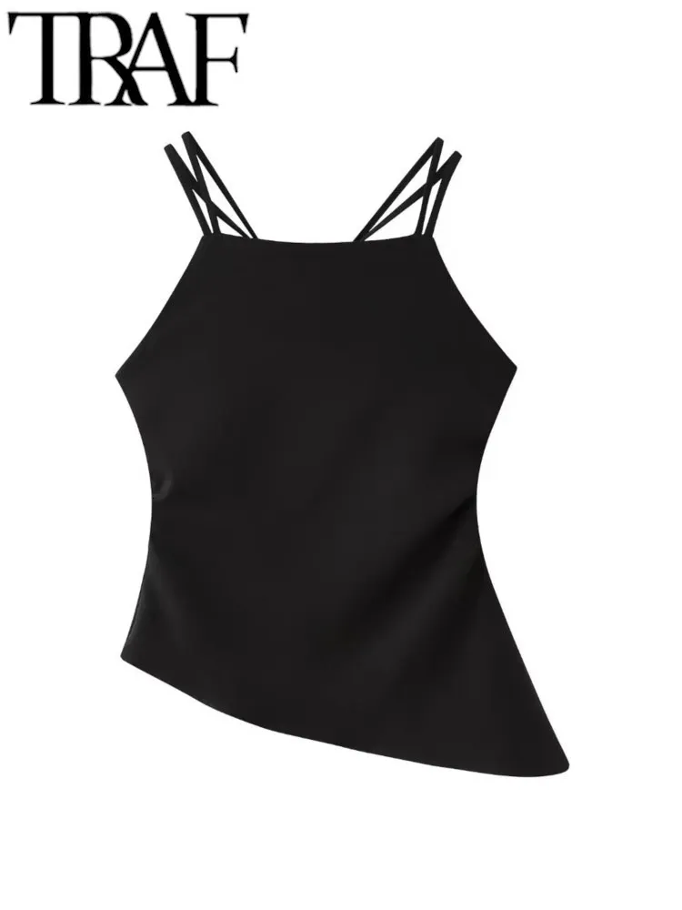 Traf Gal Summer Mujer Sexy Black Asymétrique Back Cross Strap Camis Tanks Sans manches Backless Slim Femelle mince Crop Top Y2K 240407