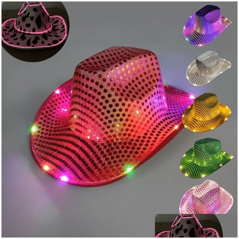 Chapeaux de fête Cowgirl en gros chapeau LED clignotant Light Up Sequin Cowboy Caps lumineux Costume Halloween 919 Drop livraison Home Garden Fes Dhnqb