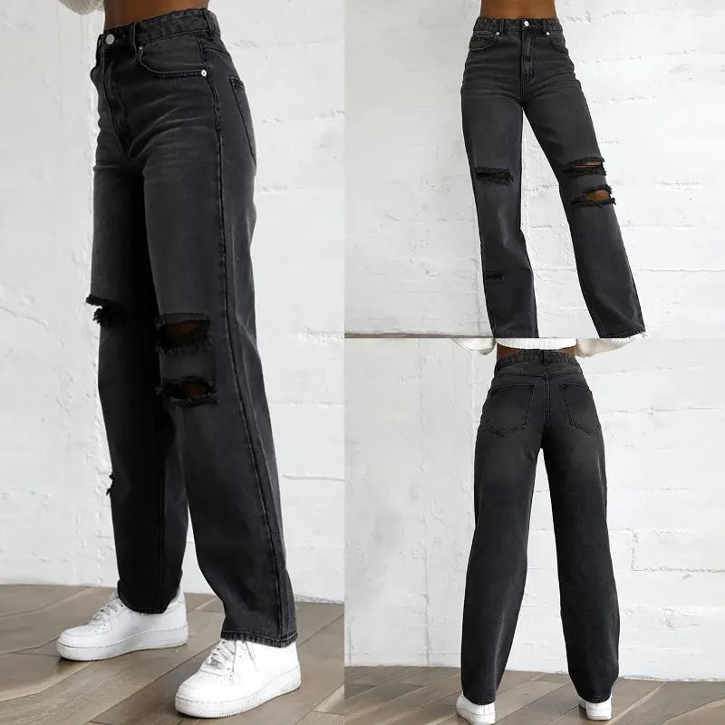 Jeans femininos Slim Y2K Denim Pant Mulheres pretas Cantura alta perna larga Rappedia a calça completa American Washed Retro Hole Baggy Pantalone