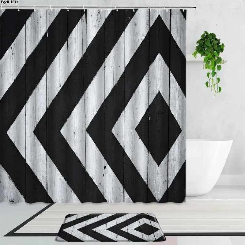 Duschvorhänge Schwarz-Weiß-Gitter geometrische kreative Farbkunstdekoration Hintergrund Badezimmer Vorhang nicht rutschfeste Badmatten Teppich