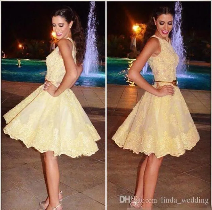 2019 Yellow New Arabic Style Lace Homecoming Dress A Line Short Juniors Sweet 15 Graduation Cocktail Party Dress Plus Size Custom 6269011