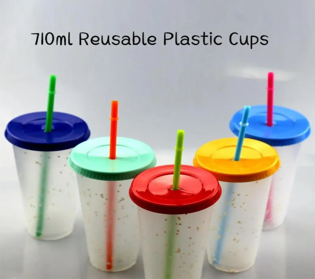 Glitter 5st Lot 24oz Plastic Cups With Lid Straw 710 Ml Återanvändbar PP Kaffe mugg Rainbow Color Changing Water Bottle Cold Drink Magi1028132