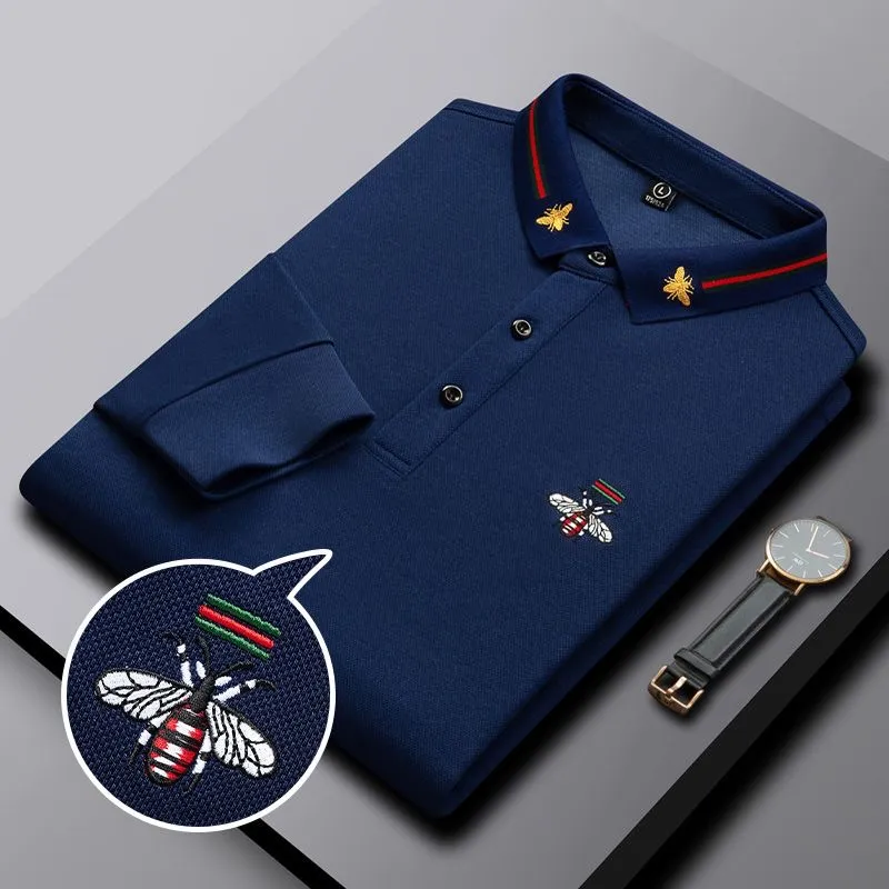Designer High-end Long Sleeve Fashion Polo Shirts Men Casual Solid Color Business Brand Men's Clothing Cotton Bee Embroidery 2024
