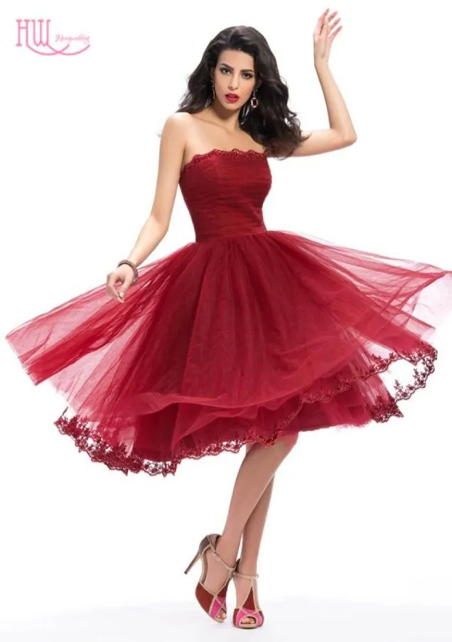 빈티지 1950039s 차 길이 부르고뉴 댄스 파티 드레스 저렴한 레이스 아플리케 주름 커스텀 여성 공식 칵테일 파티 드레스 205115504