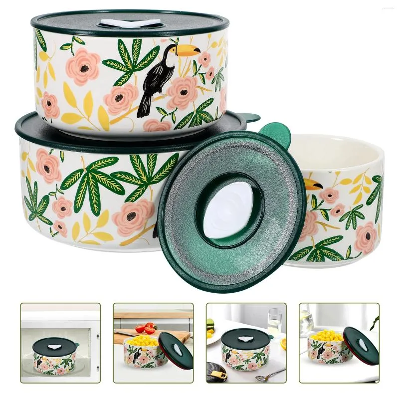 Dinnerware 3 Pcs Oven Dish With Lid Large Ceramic Bowl Small Bowls Micro-wave Prep Lids Soup Salad