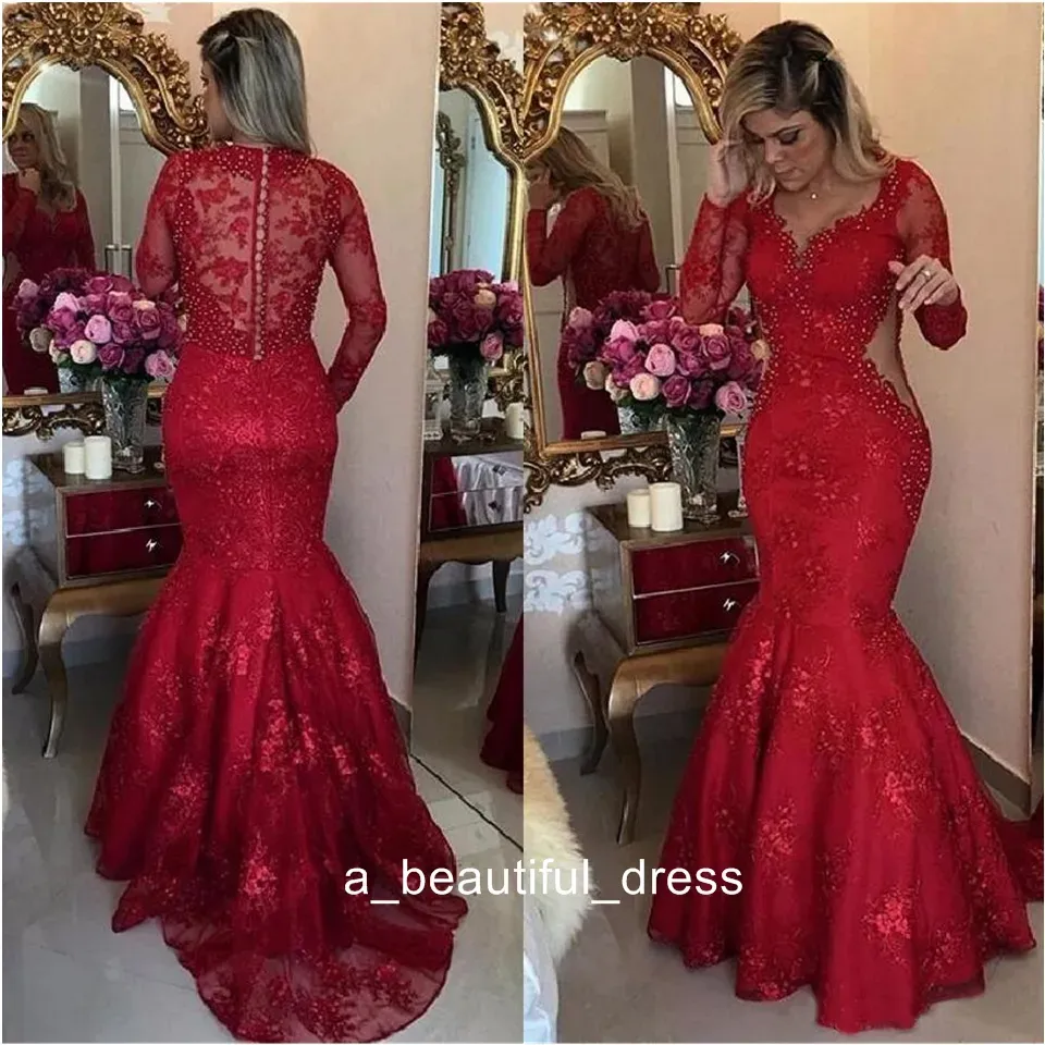 Abiti per perle di lusso Crystal Mermaid Evening Oscarpe Abiti con manica lunga sexy Cutside Vneck in pizzo rosso Sheer Back Prom Dress Ed1158