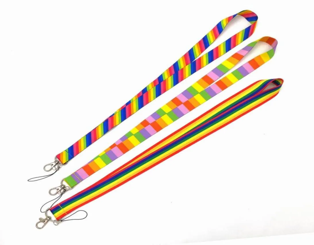 Whole 100Pcs Rainbow Mulkticolor Keychains Lanyard Mobile Phone Keys ID Badge Holder Neck Straps Lanyard6305461