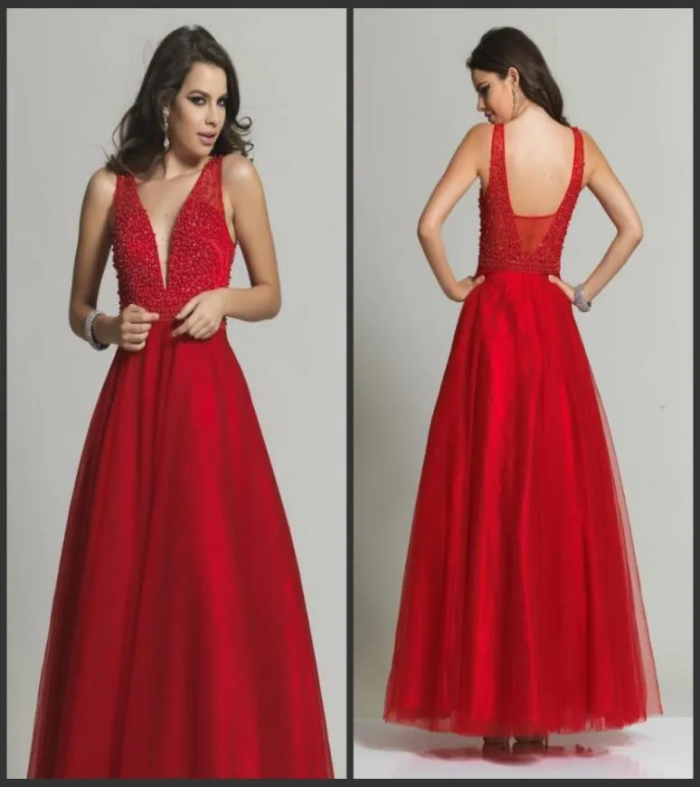 Modne czerwone sukienki wieczorowe Elegancka V Neck Backless Gown Bez rękawów