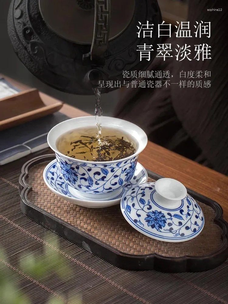 Juegos de té de té Jingdezhen cubierta de porcelana azul y blanca pintada a mano Taza de té sin calmar té único que hace gaiwán exquisito