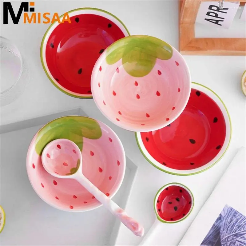 Bowls Kitchen Set Strawberry Cartoon Lovely Dålig söt och praktisk soppskål Ergonomisk långhandtagsked för barn