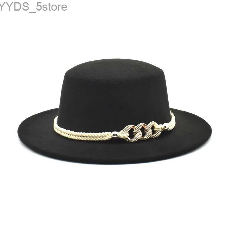 Brede rand hoeden emmer dames wol trilby vilt fedora hoed heren elegante riem flat top jazz yq240407
