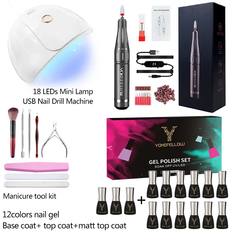 Sukienki Yokefellow Profesjonalne zestaw paznokci wiertarka do paznokci Hine Narzędzia manicure 18leds paznokcie 12 colors paznokcie żel Poliska górna podstawowa podstawa zestaw płaszczy