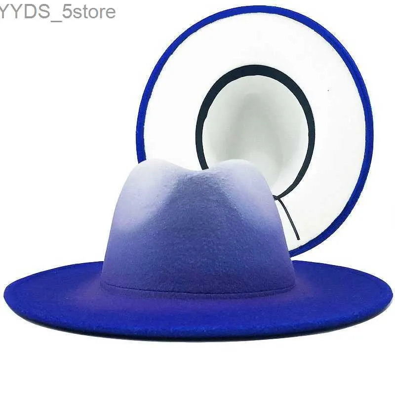 Szerokie grzbietowe czapki wiadra damska wełna vintage trilby poczuła, że ​​fedora kapelusz szeroki dżentelmen elegancki gradient królewski niebieski odpowiedni do damskiej zimowe czapki jazzowe yq240407