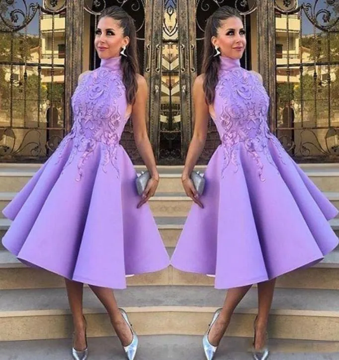 Celebrity High Neck Prom Dresses 2017 Short ALine TeaLength Fashion Party Dress With Applique Teen Girl Evening Gowns Cocktail D1560956