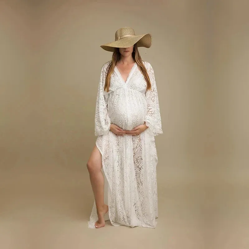 Bohemian Lace Maternity PO Shoot Robes Longes côtés fendus Slit femme enceinte Pographie robe robe Voir à travers 240326