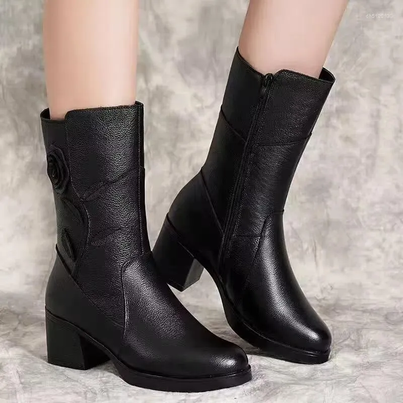 Chunky Heels For Women Mid Calf Fashion Boots: Round Toe Sewing