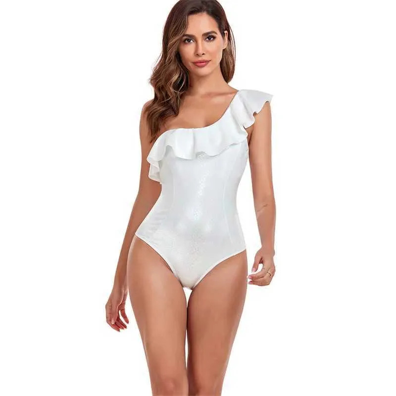 Dames badmode sexy uit één stuk schouderzwempak gesloten dames geplooide rand zwempak schort Monokini strandpak zwembad bad 2024C240407