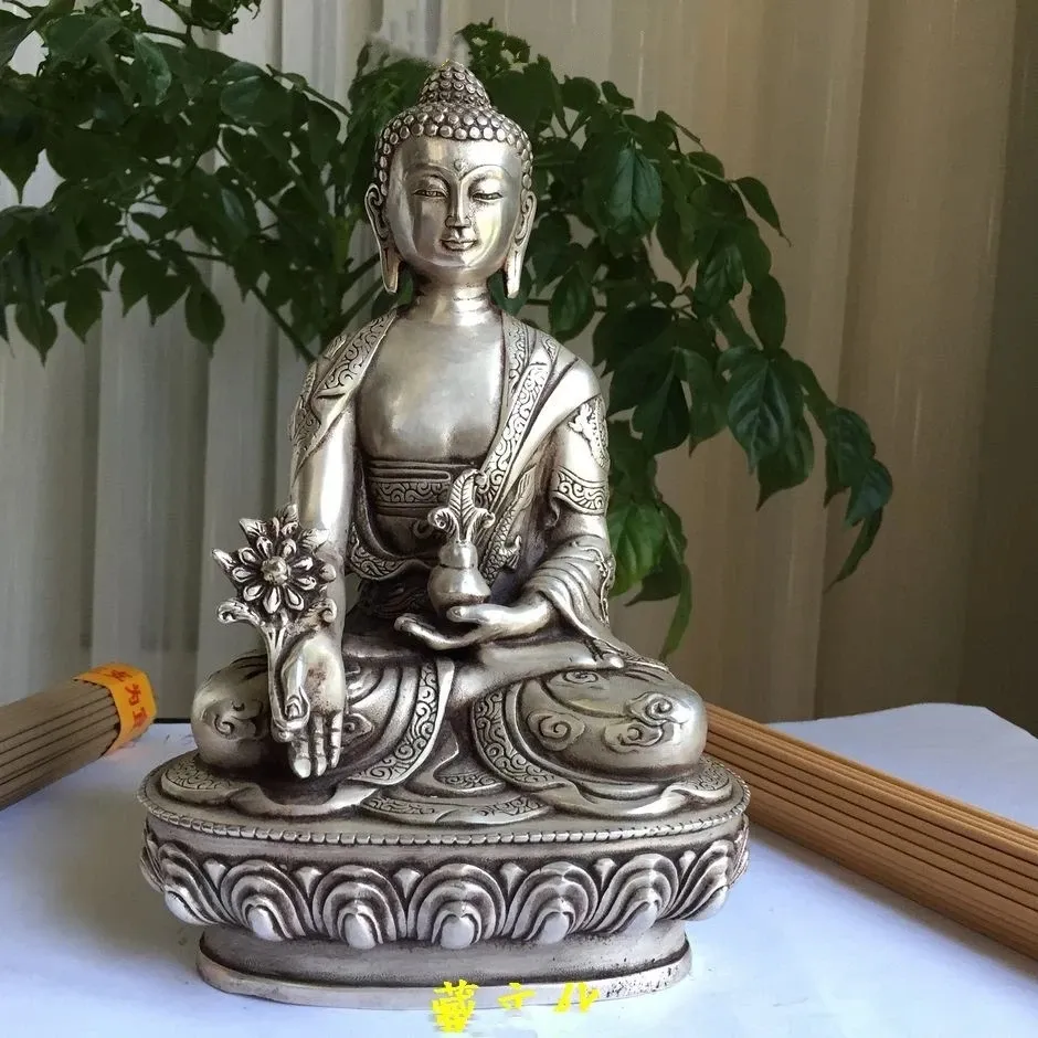 Rzeźby chińskie srebrny buddyzm drobny smok po sang Buddha Lotus siedziska rzeźba medycyna Buddha Statua