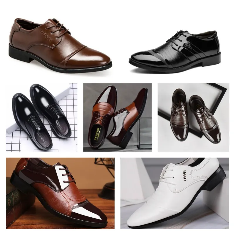 2024 Designer Multi Style Leather Men's Black Casual Shoes, Stor storlek Business Dress Pointed Tie Up Wedding Shoe