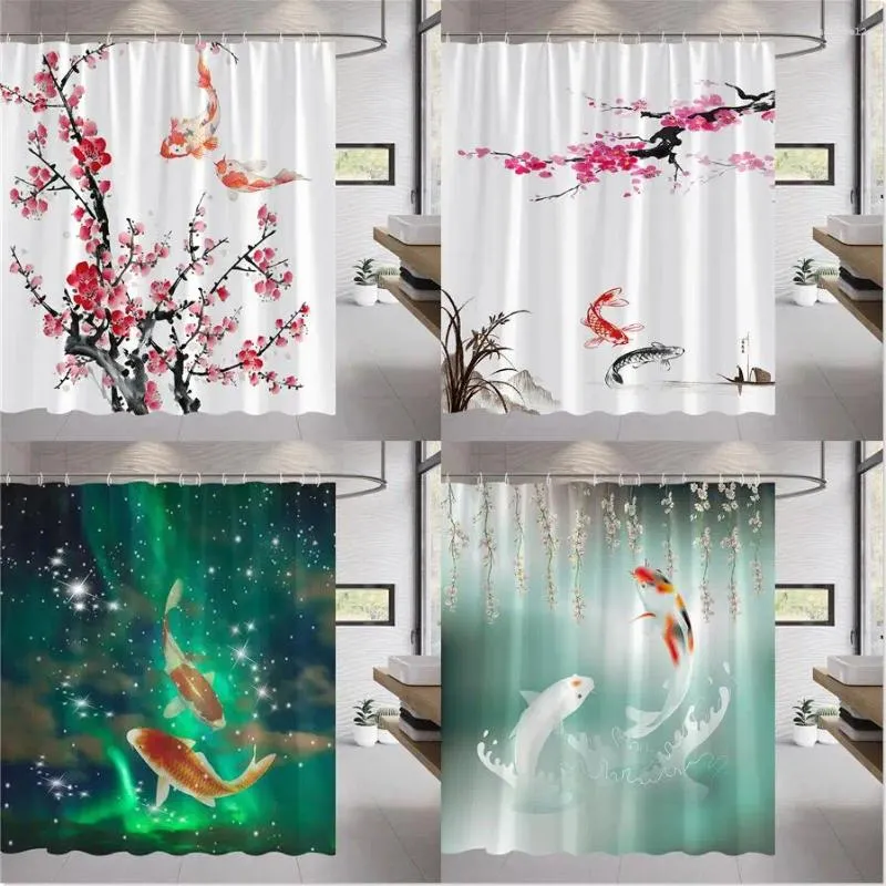 Rideaux de douche 3d koi peinture rideau ensemble de boucles de prune rouge paysage cerise paysage rétro décor de la maison accessoires de salle de bain salle de bain