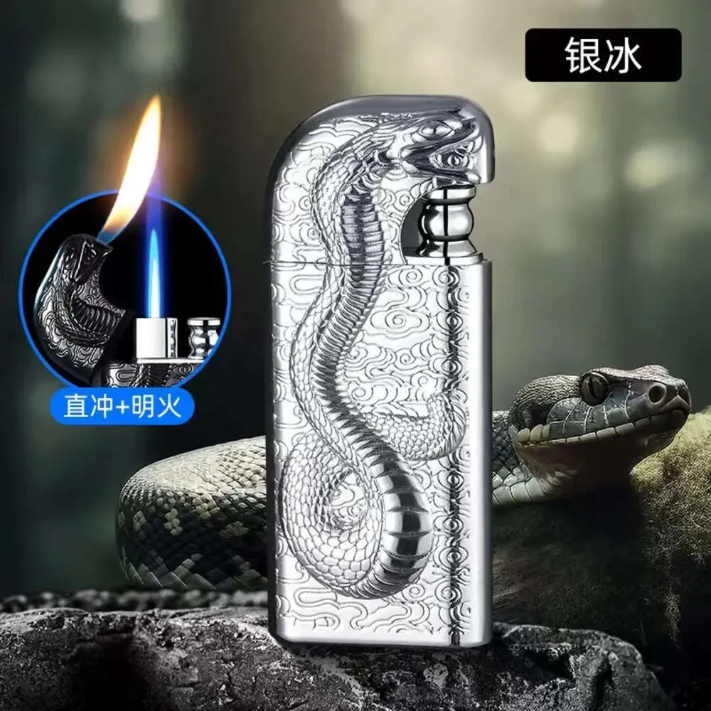 Retro Alloy Material Double Flame Conversion Men's Lighter Creative Three-dimensional Relief Snake King Double Flame Without Gas Lighter