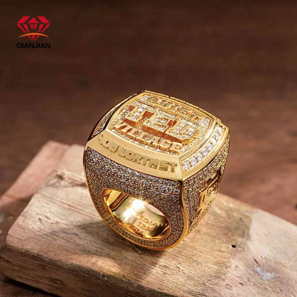 Qianjian personnalisé Hip Hop Mossanite Ring Hot Style Gra VVS Moisanite Diamond Gold Rings For Men
